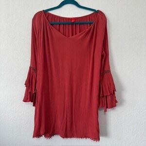 Coral Red V Neck‎ Bell Sleeve Tiered Ruffle Mini Dress Womens Size Medium